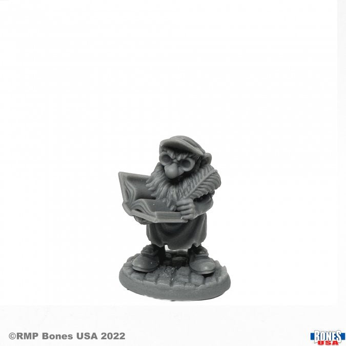 Stubb, Gnome Accountant - Gray resin figurine of a gnome wearing a cap and glasses, holding a ledger and quill pen.