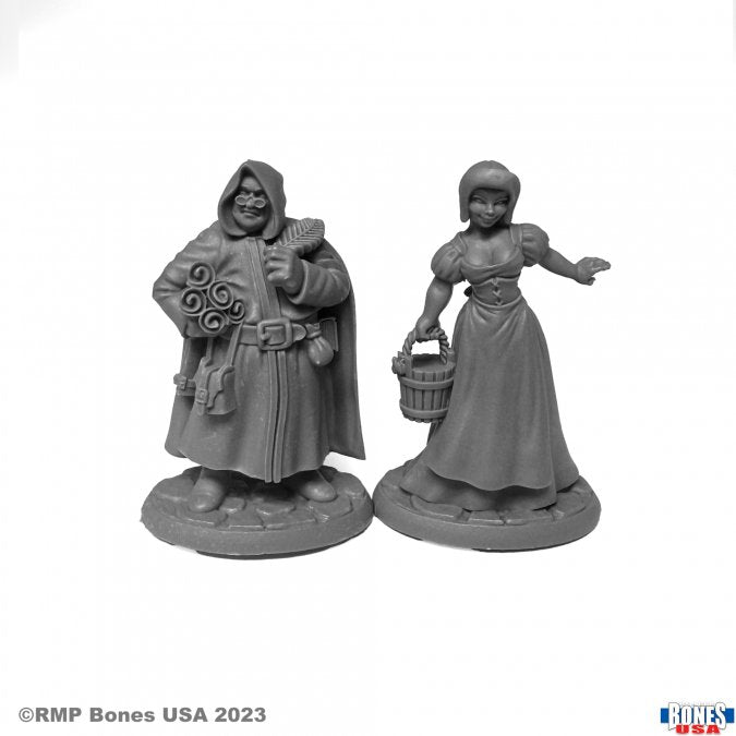Townsfolk: Sage and Milk Maid - Gray unpainted fantasy miniatures of a hooded sage holding scrolls and a milk maid carrying a basket and gesturing.
