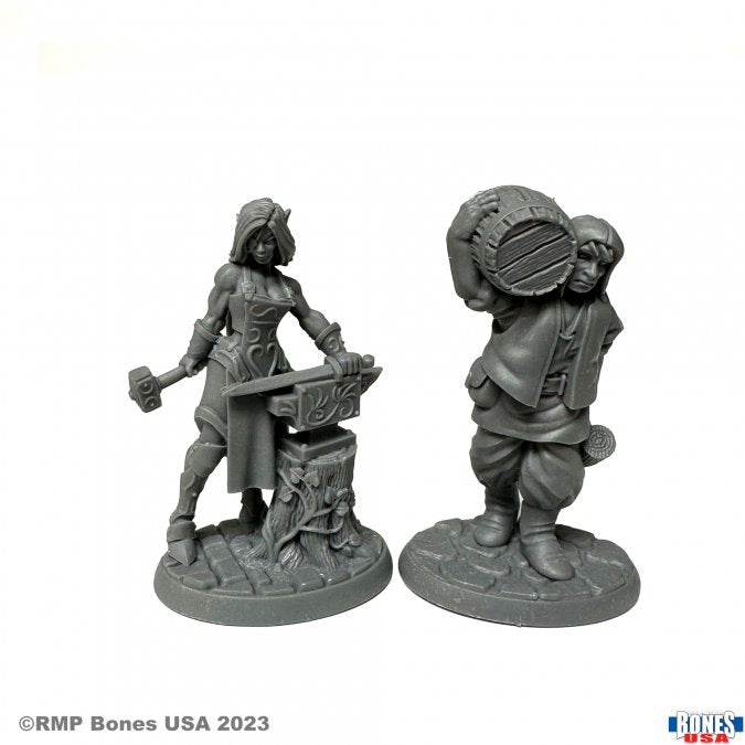 Townsfolk: Cooper and Blacksmith - Gray plastic miniature of a female cooper holding a hammer and shaping a barrel on a stand, standing beside a dog, and a.