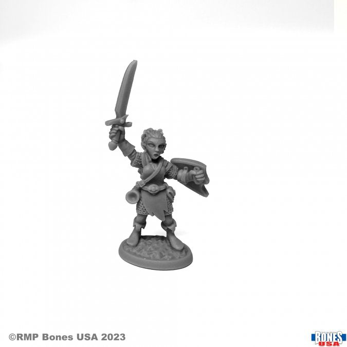 Elliwyn Heatherlark, Gnome Bard - Unpainted gray resin gnome bard figurine holding a sword raised in right hand and a lute in left, standing on a textured.