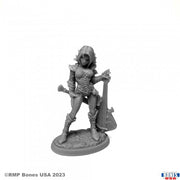 Astrid, Elf Chronicler - Gray resin miniature of an elf dressed in detailed armor holding a large sword, standing on a textured oval base.