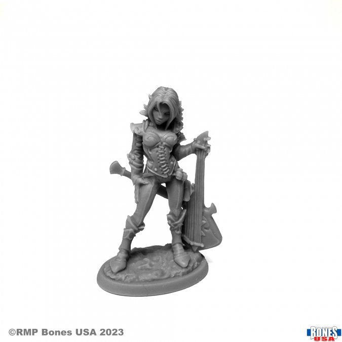 Astrid, Elf Chronicler - Gray resin miniature of an elf dressed in detailed armor holding a large sword, standing on a textured oval base.