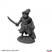 Gerard, Catfolk Bard - Gray miniature figurine of an anthropomorphic cat holding a curved sword, wearing medieval bard attire and a feathered hat,.