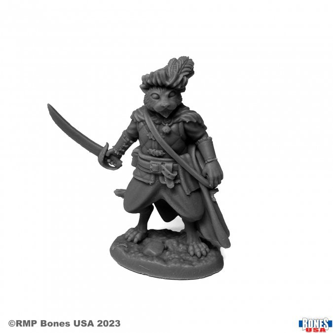 Gerard, Catfolk Bard - Gray miniature figurine of an anthropomorphic cat holding a curved sword, wearing medieval bard attire and a feathered hat,.