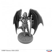 Troll Slayer Sophie - Gray unpainted fantasy miniature of a female warrior with large bat-like wings holding a sword, standing on a detailed.