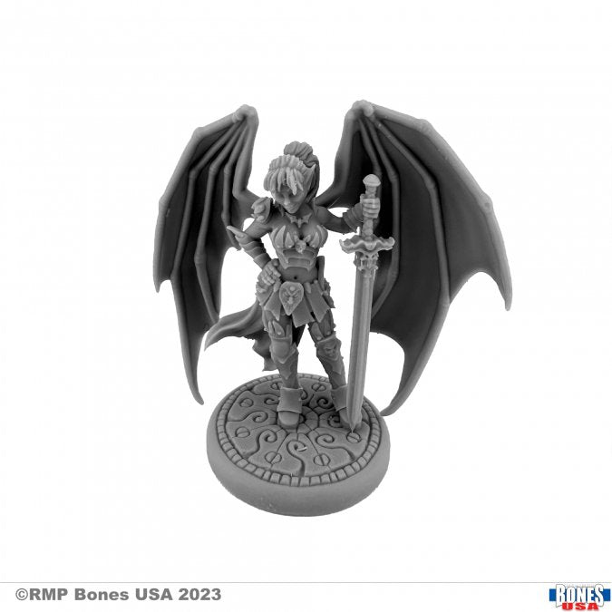 Troll Slayer Sophie - Gray unpainted fantasy miniature of a female warrior with large bat-like wings holding a sword, standing on a detailed.