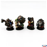 Townsfolk: Drinking dwarves (4) - Set of four detailed dwarf figurines in colorful medieval attire, each holding drinking vessels and barrels.