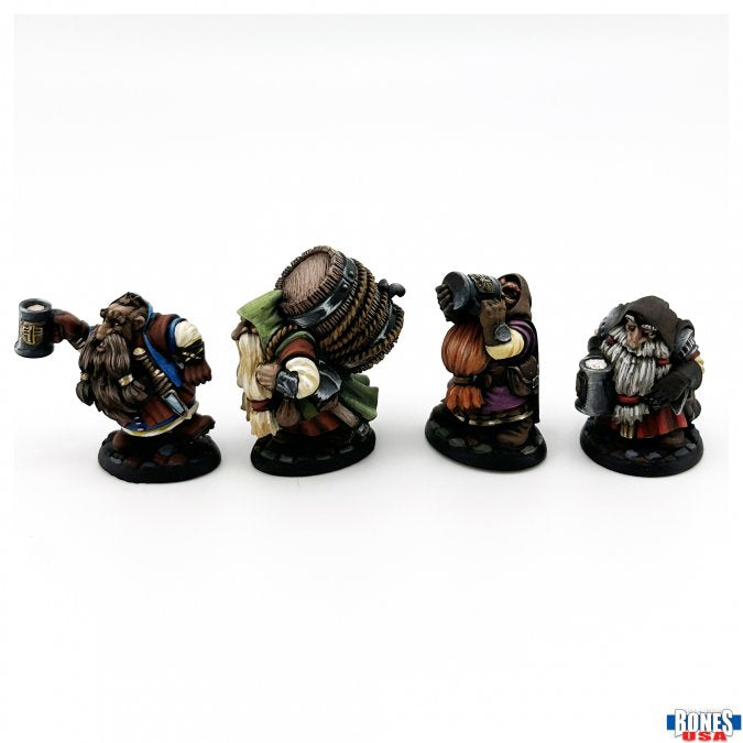 Townsfolk: Drinking dwarves (4) - Set of four detailed dwarf figurines in colorful medieval attire, each holding drinking vessels and barrels.