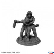 Townsfolk: Bouncer and Rowdy Patron - Gray resin miniature of a hooded bouncer restraining a struggling patron holding a bottle on a textured oval base.