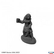 Townsfolk: Flirty Wench - Gray resin miniature of a woman in a long dress holding a mug, standing on an oval base.