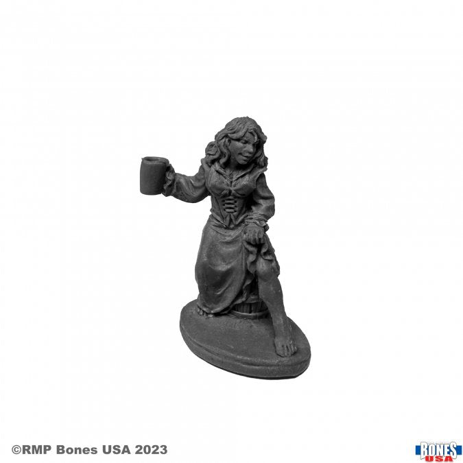 Townsfolk: Flirty Wench - Gray resin miniature of a woman in a long dress holding a mug, standing on an oval base.