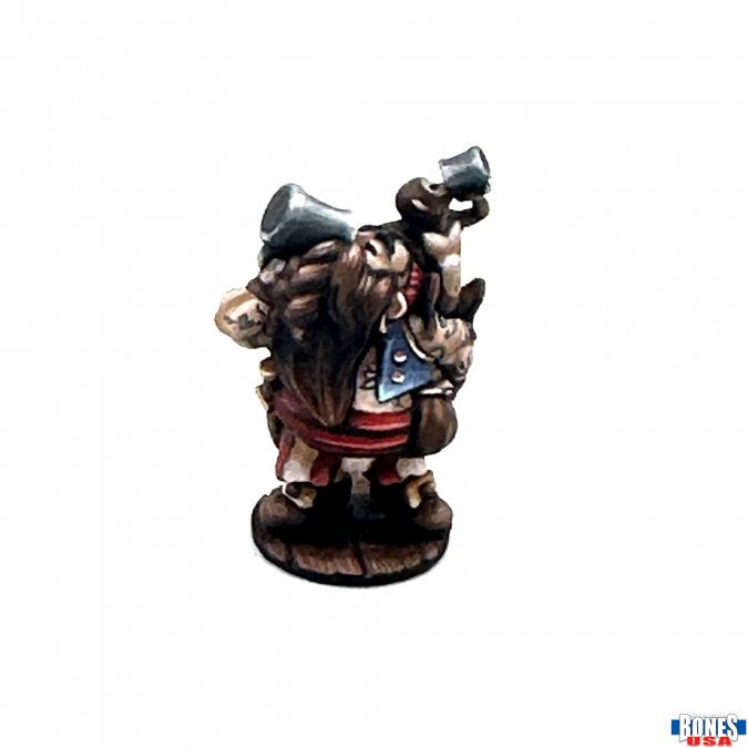 Townsfolk: Dwarven Riverboat Pilot - Hand-painted dwarf figurine with brown beard, blue vest, red belt, holding a tankard and pipe on wooden base.