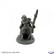 Devona, Human Wizard - Gray resin miniature of a female wizard kneeling with a staff, wearing flowing robes and detailed armor.