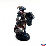 Tarmiczi, Female Dragonblood Paladin - Detailed dragonborn female warrior figurine with dark blue scales, intricate bronze armor, large shield, and a mace,.
