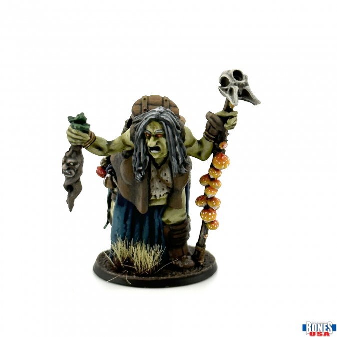 Gertie Gristlebreath - Green-skinned goblin figurine with long black hair, wearing tattered clothing, holding a skull staff and severed head on a.