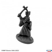 Sir Roland the Grey - Grey resin miniature of a medieval knight in chainmail armor wielding a war hammer and shield on oval base.