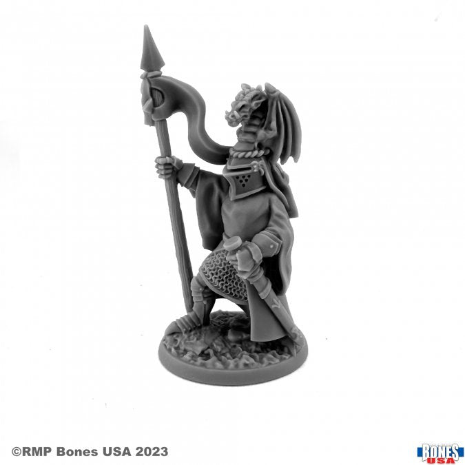 Sir Justin the Green - Dark gray plastic miniature of a dragon knight kneeling with a long spear and armored scales.
