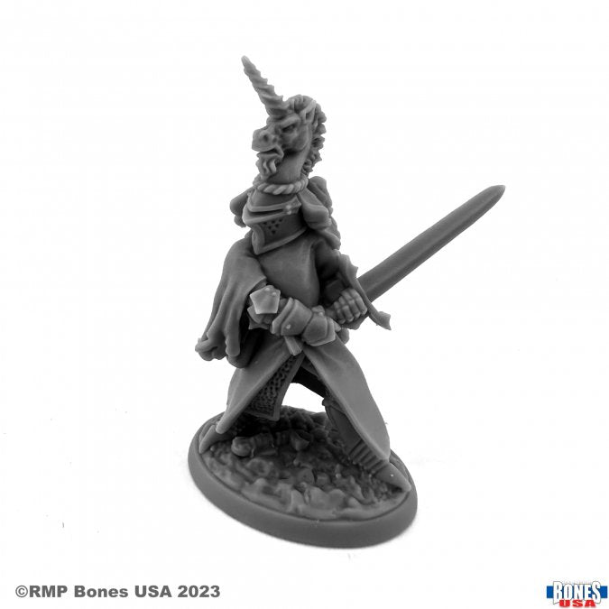 Sir Richard the White - Gray plastic miniature of a knight in armor holding a raised sword, standing on textured base.