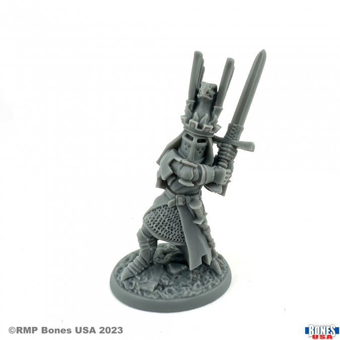 Sir James the Blue - Gray miniature figurine of a medieval knight wearing detailed armor and wielding two swords raised overhead.