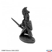 Sir Michael the Gold - Black miniature knight figurine wearing detailed armor with plume helmet, sword, and shield.