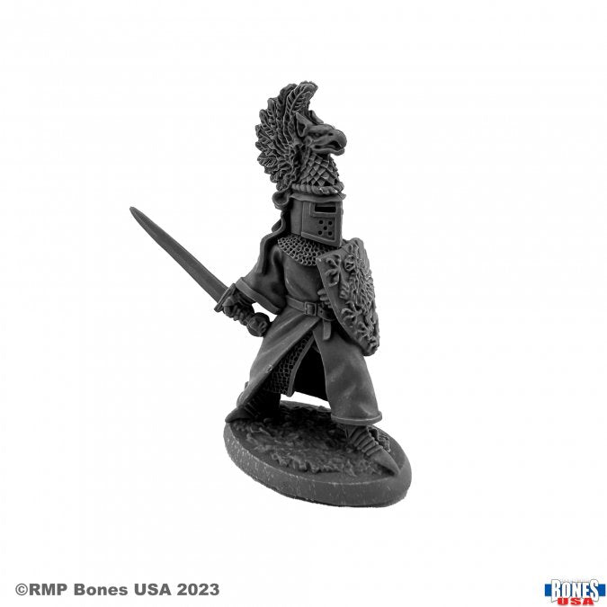 Sir Michael the Gold - Black miniature knight figurine wearing detailed armor with plume helmet, sword, and shield.