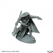 Elquin the Daring - Gray plastic miniature figurine of a cloaked warrior wielding a staff in a dynamic pose on a round base.