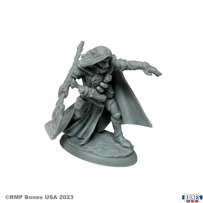 Elquin the Daring - Gray plastic miniature figurine of a cloaked warrior wielding a staff in a dynamic pose on a round base.