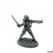 Damaris, Female Duskwarden - Gray unpainted female warrior miniature wielding a sword and crossbow on a stone base.
