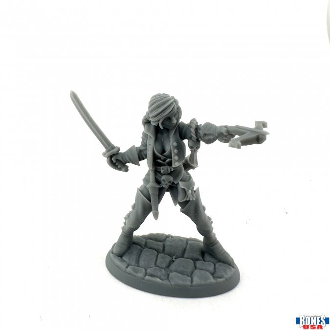 Damaris, Female Duskwarden - Gray unpainted female warrior miniature wielding a sword and crossbow on a stone base.