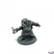 Snorri Oathbreaker, Dwarf Rogue - Gray plastic miniature of a stout dwarf rogue with long hair, armored torso, and an outstretched hand on a textured round.