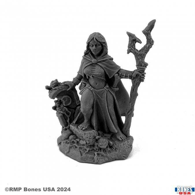 Isidora, Witch - Dark gray resin miniature of a cloaked witch holding a twisted staff, standing on a textured base with skulls and stones.