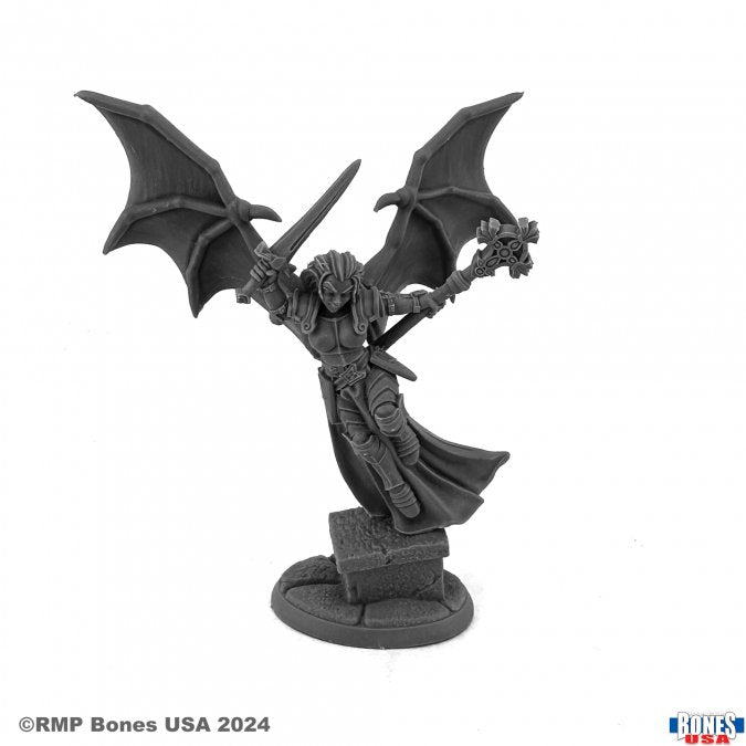 Reapercon 2024 Sophie - Gray resin miniature of a winged female warrior in armor wielding a sword and staff, standing on a rock base.