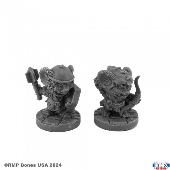 Reapercon 2024 Mouselings - Two unpainted gray resin fantasy miniatures of armored mice, one wielding a hammer and shield, the other holding a whip,.