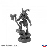 Female Krampus - Gray resin figure of a female Krampus with curved horns, holding an axe, standing on a rocky base.