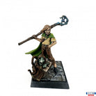 Hans, Young Wizard (Unpainted) - Unpainted miniature of a young wizard with shoulder-length hair, holding a staff topped with a crystal, wearing a green cape