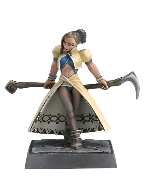 Raya, Sorceress (Unpainted) - Unpainted resin miniature of a sorceress with long hair, wearing a short cream and blue dress with gold shoulder armor,.