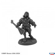 Desmond Idlewild, Male Bard - Gray resin miniature of a male bard wearing layered armor and a hood, holding a lute and standing on a textured base.