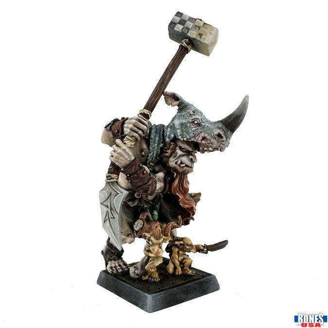 Ogre Mercenary (Unpainted) - Unpainted large ogre mercenary miniature holding a massive hammer, wearing horned helmet and armored shoulder pads, standing