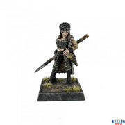 Mercenary Huntress (Unpainted) - Unpainted mercenary huntress figurine with short hair, leather armor, sword, and crossbow on textured base.