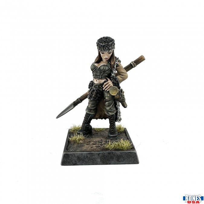 Mercenary Huntress (Unpainted) - Unpainted mercenary huntress figurine with short hair, leather armor, sword, and crossbow on textured base.