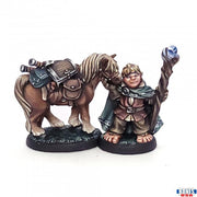 Dobbin & Boulder, Halfling and Pony (Unpainted) - Unpainted brown pony with saddle and gear beside a halfling figure holding a staff and wearing cloak.