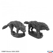 Dread Wolves - Two dark gray intricately detailed wolf miniatures with textured fur, standing on oval bases.