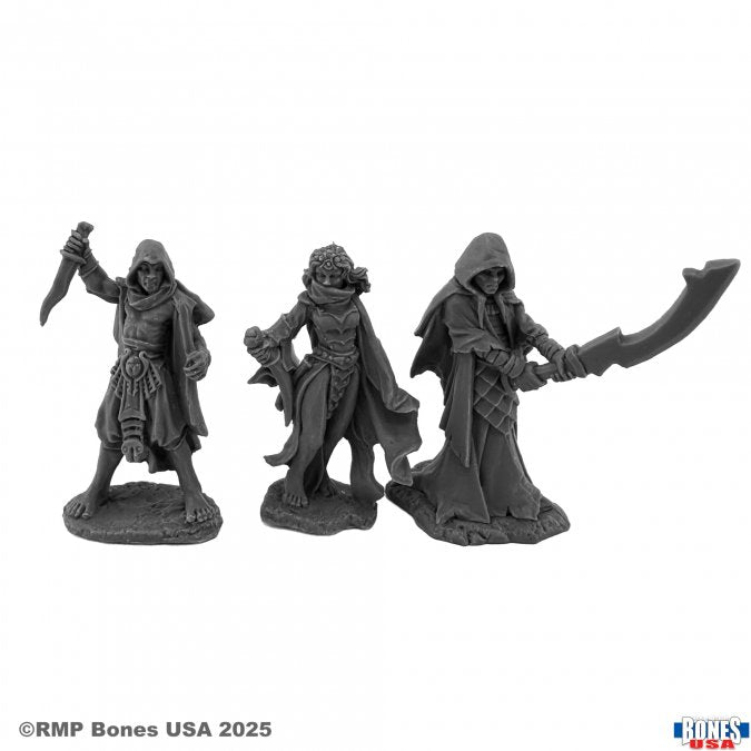 Cultists - Three dark gray resin miniatures of cloaked cultists, each holding distinct weapons and wearing detailed robes.