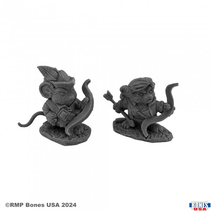 Mousling Ranger and Yeoman - Two detailed gray resin miniature figures of anthropomorphic mice; one armed with a bow and quiver, the other holding a bow.