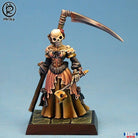 Undead Lady (Unpainted) - Unpainted undead female figure with skull head, holding a large scythe, wearing a tattered dress and corset on square base.