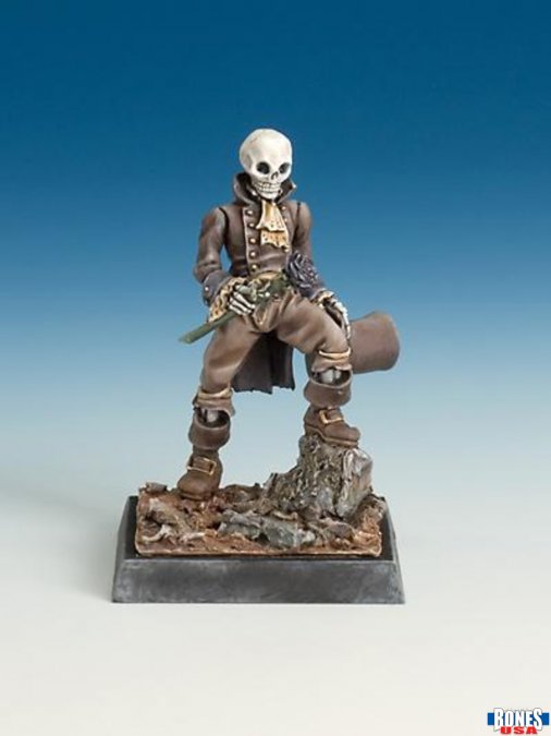 Monsieur Mort (Unpainted) - Unpainted miniature of skeleton figure dressed in tattered brown clothing, holding large hammer, standing on rocky base with