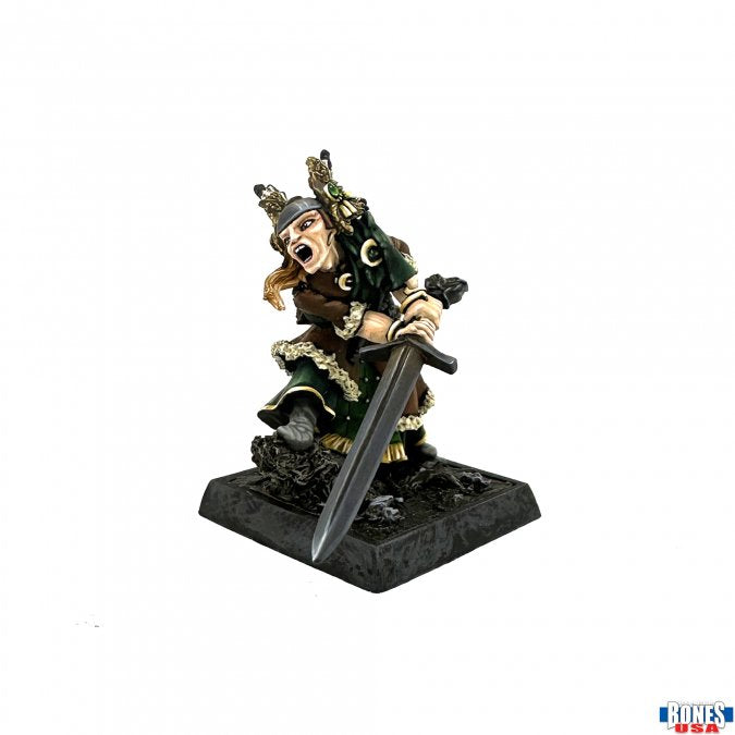 Barbarian Chieftain (Unpainted) - Unpainted miniature of a muscular barbarian chieftain wielding a large sword, wearing fur and leather armor with decorative.