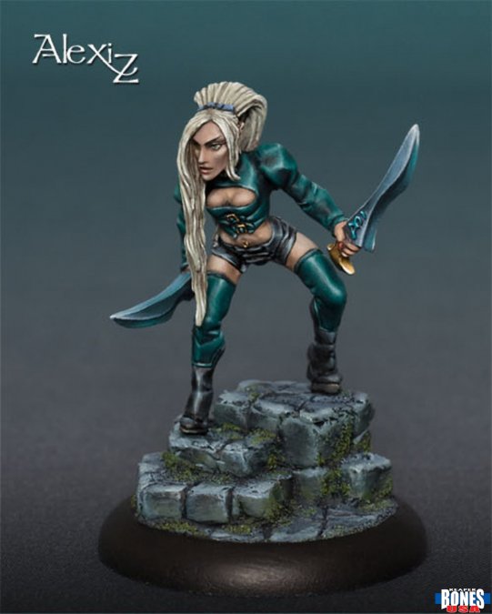 Caryth, Female Dark Elf (Unpainted) - Unpainted female dark elf miniature crouching on mossy stone steps, wielding curved swords, with long braided hair and.