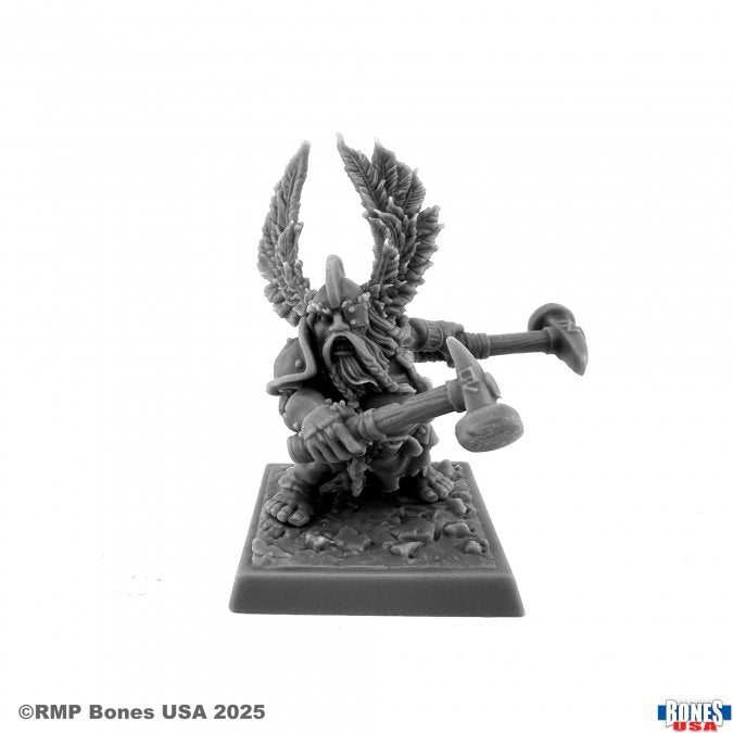 Mad Rogat, Dwarf Hero - Gray unpainted plastic dwarf warrior miniature with detailed armor and large winged helmet, holding a hammer and axe on a.