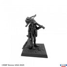 Mercenary Marksman - Gray plastic mini figurine of a mercenary marksman holding a rifle over the shoulder, wearing armor and standing on a.